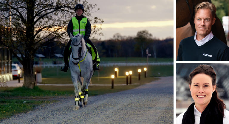 Ett hästekipage med reflexer i trafiken, bredvid porträttbilder på Agrias och HNS:s respektive vd.