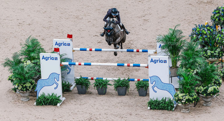 Häst och ryttare hoppar över ett Agriahinder under Gothenburg Horse Show 2024.